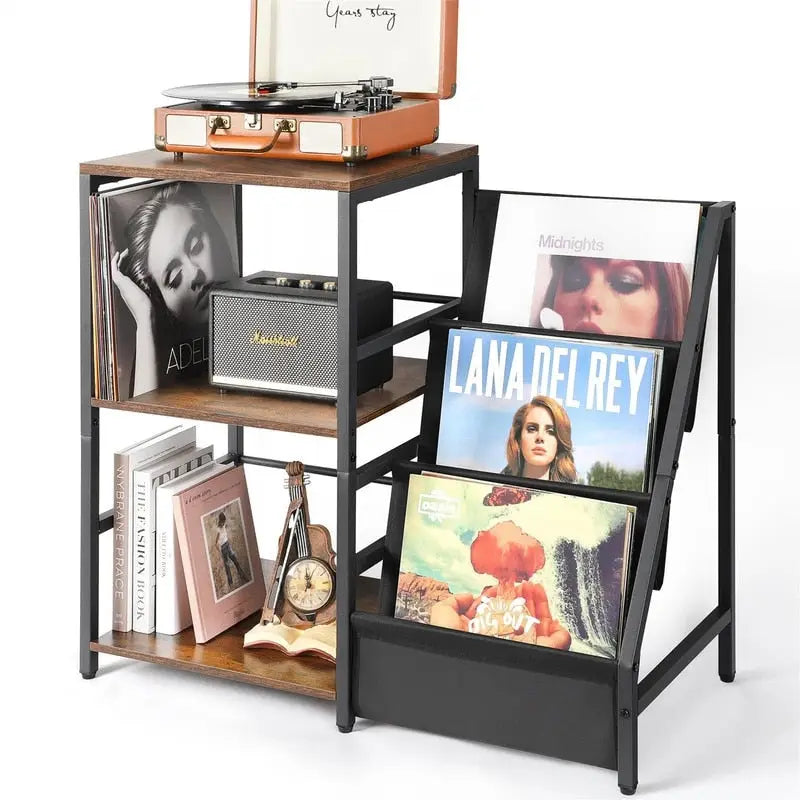 Meuble platine vinyle 3 niveaux avec rangement vinyles — Effet bois rétro et tissu Oxford, 86 cm (l) × 75,5 cm (h)
