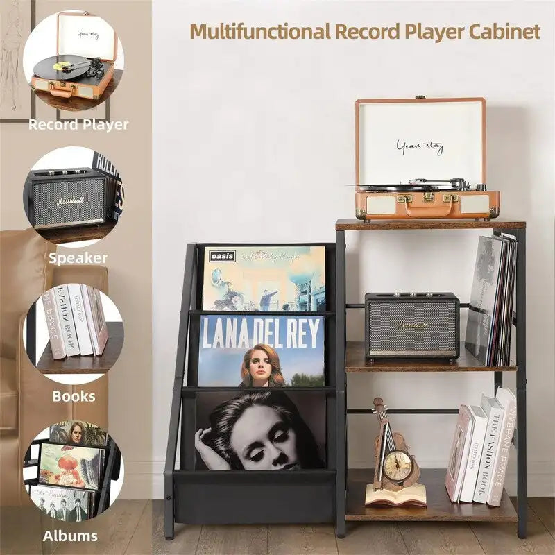 Meuble platine vinyle 3 niveaux avec rangement vinyles — Effet bois rétro et tissu Oxford, 86 cm (l) × 75,5 cm (h)