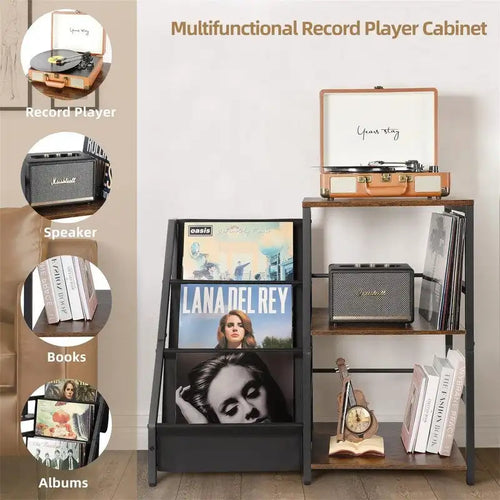 Meuble platine vinyle 3 niveaux avec rangement vinyles — Effet bois rétro et tissu Oxford, 86 cm (l) × 75,5 cm (h)