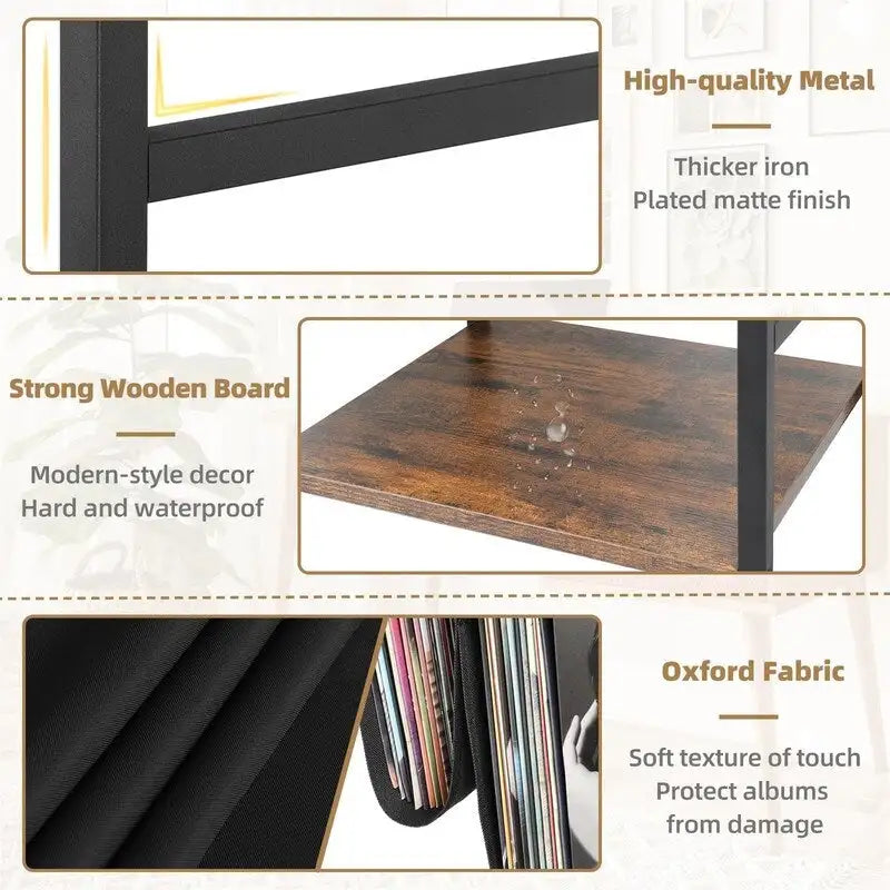 Meuble platine vinyle 3 niveaux avec rangement vinyles — Effet bois rétro et tissu Oxford, 86 cm (l) × 75,5 cm (h)