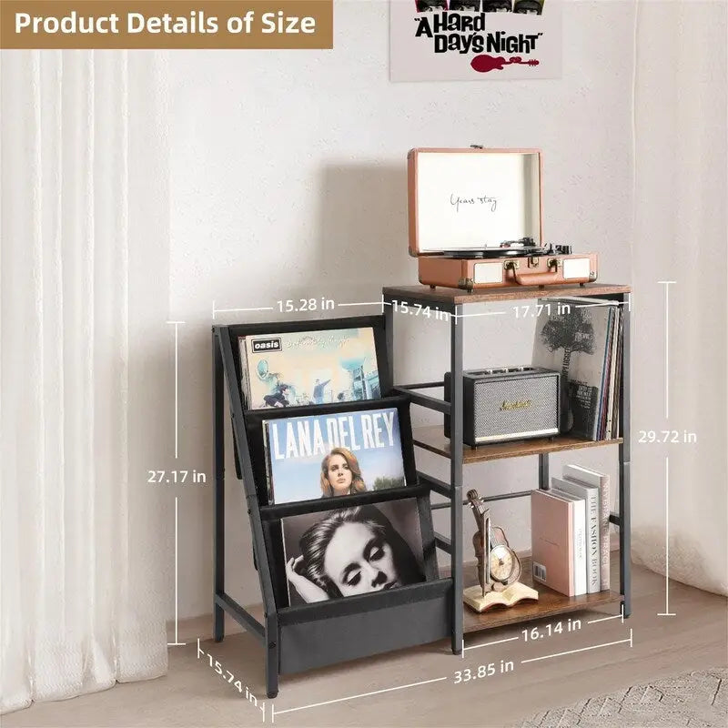 Meuble platine vinyle 3 niveaux avec rangement vinyles — Effet bois rétro et tissu Oxford, 86 cm (l) × 75,5 cm (h)