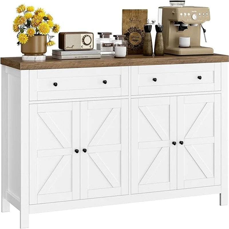 Bahut de cuisine style grange avec 2 tiroirs et rangement double porte — 140 cm (L) × 90 cm (H)