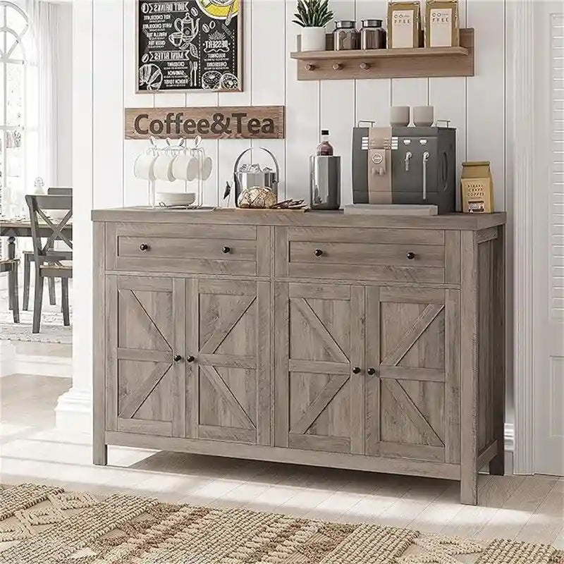 Bahut de cuisine style grange avec 2 tiroirs et rangement double porte — 140 cm (L) × 90 cm (H)