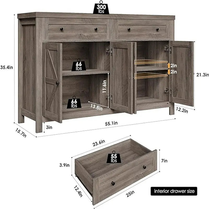 Bahut de cuisine style grange avec 2 tiroirs et rangement double porte — 140 cm (L) × 90 cm (H)