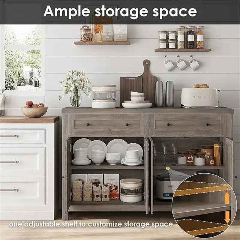 Bahut de cuisine style grange avec 2 tiroirs et rangement double porte — 140 cm (L) × 90 cm (H)
