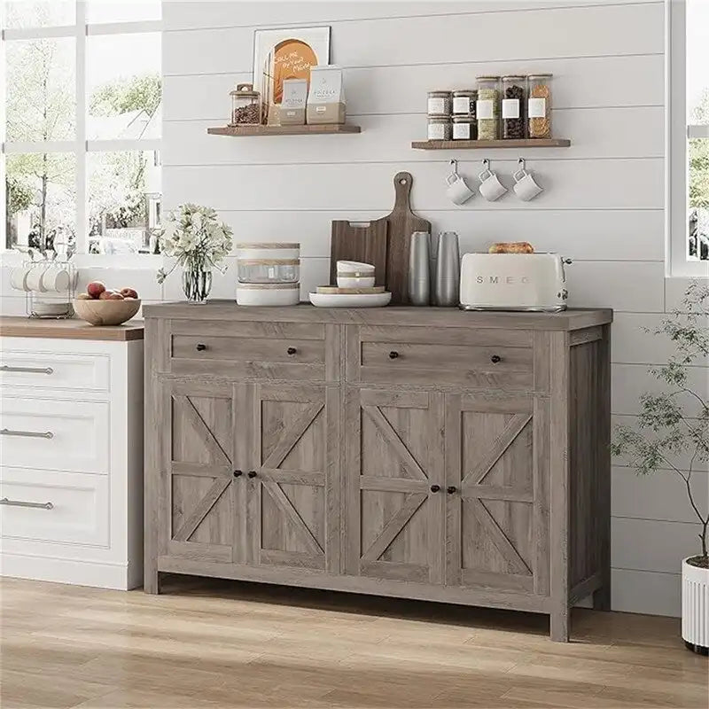 Bahut de cuisine style grange avec 2 tiroirs et rangement double porte — 140 cm (L) × 90 cm (H)