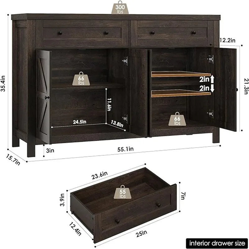 Bahut de cuisine style grange avec 2 tiroirs et rangement double porte — 140 cm (L) × 90 cm (H)