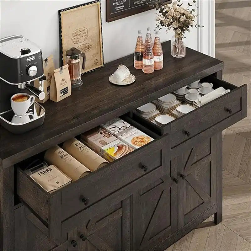 Bahut de cuisine style grange avec 2 tiroirs et rangement double porte — 140 cm (L) × 90 cm (H)