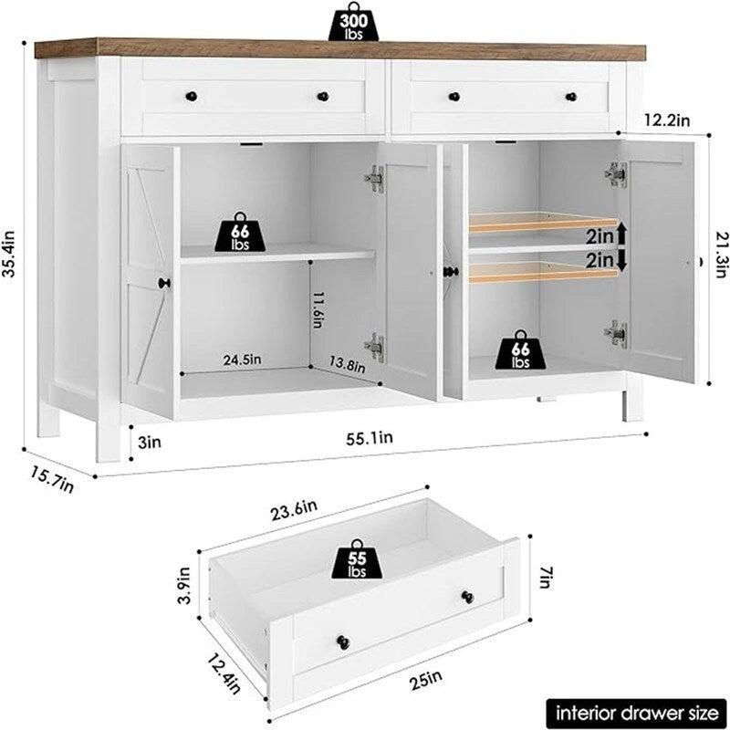 Bahut de cuisine style grange avec 2 tiroirs et rangement double porte — 140 cm (L) × 90 cm (H)