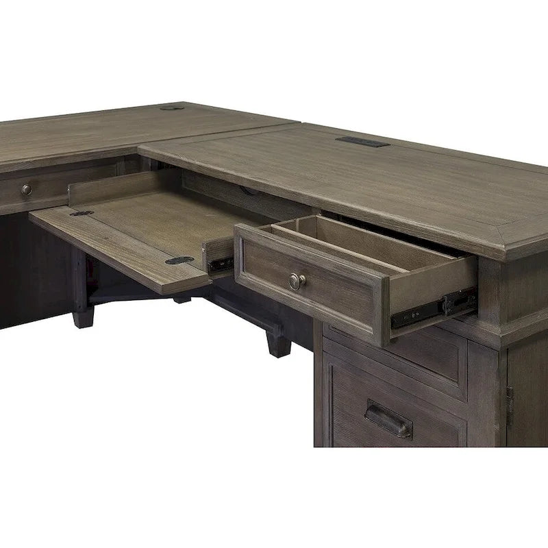 Bureau d'angle en bois massif avec retour — Gris patiné, 68"L × 30"H × 54"P