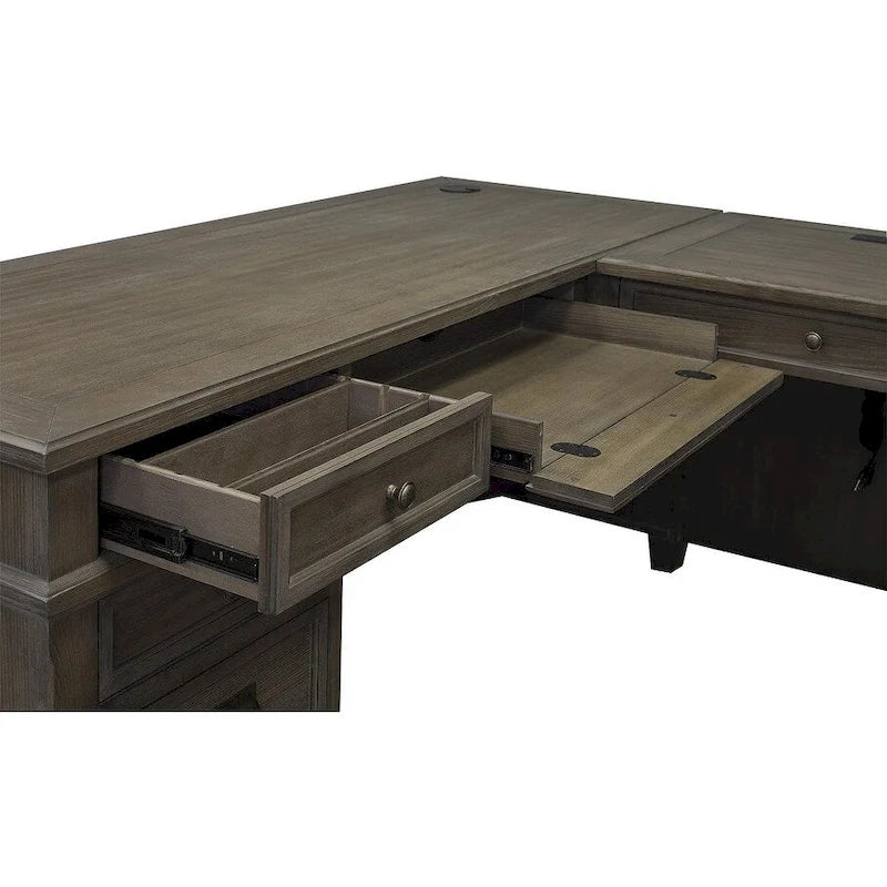 Bureau d'angle en bois massif avec retour — Gris patiné, 68"L × 30"H × 54"P