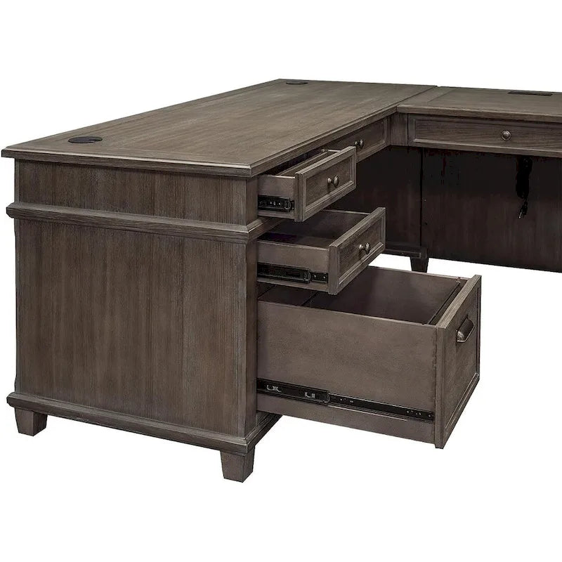 Bureau d'angle en bois massif avec retour — Gris patiné, 68"L × 30"H × 54"P