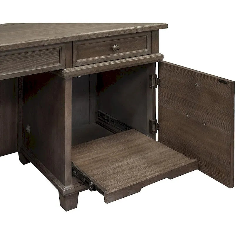 Bureau d'angle en bois massif avec retour — Gris patiné, 68"L × 30"H × 54"P