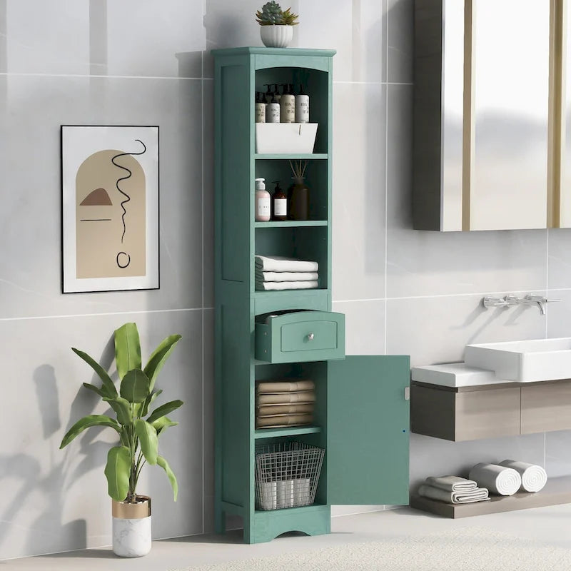 Meuble de salle de bain haut sur pied avec portes et étagères réglables – Vert