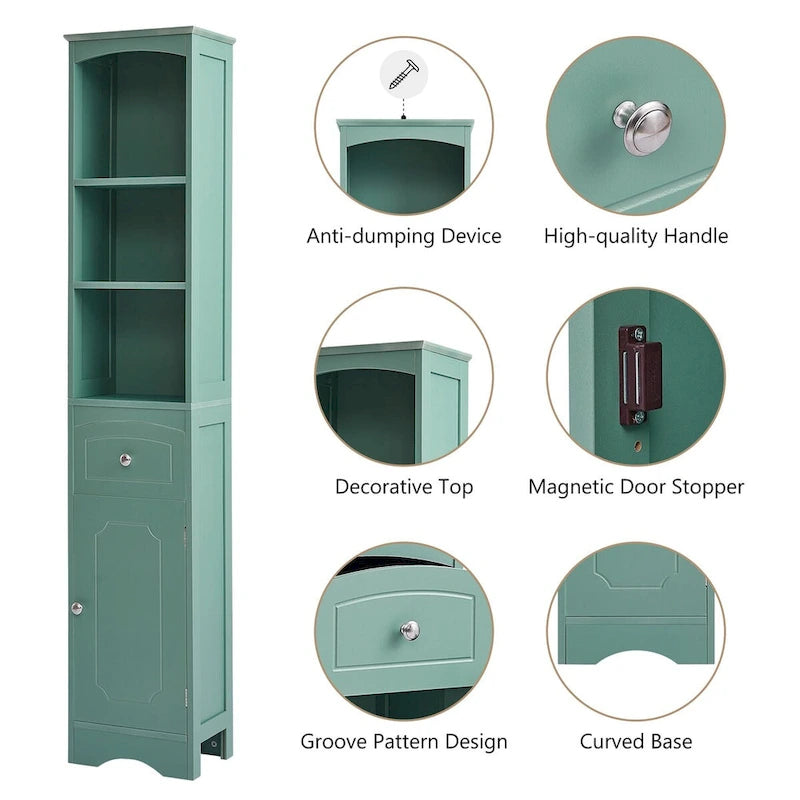 Meuble de salle de bain haut sur pied avec portes et étagères réglables – Vert