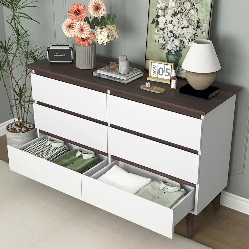 Commode et chiffonnier large à 6 tiroirs – Blanc