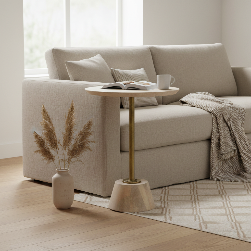 Modern Solid Wood Pedestal Side Table in Scandinavian Living Room